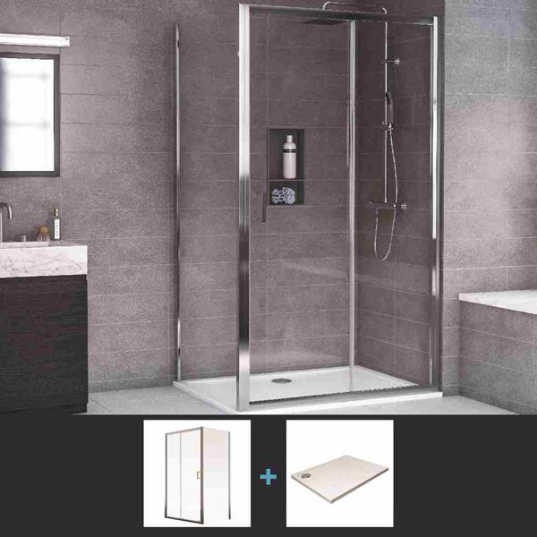 Aqualux Framed 6 Sliding Shower Door + Side Panel + Tray + Waste 1400 x 800 