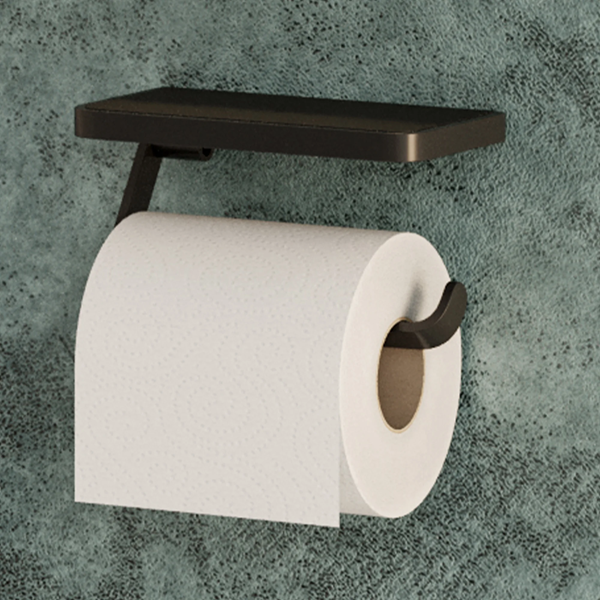 HIB Atto (Black) Toilet Roll Holder with Shelf & Anti-Slip Mat