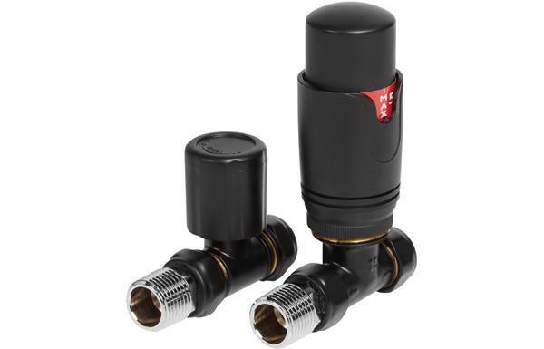 Round Thermostatic Matt Black Radiator Valves - Straight