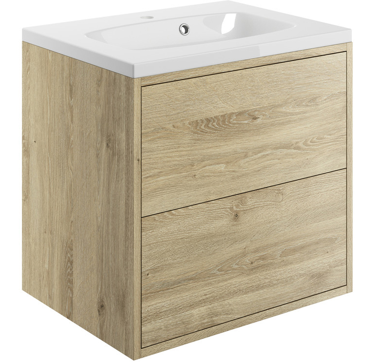 Albia 600mm 2 Drawer Wall Hung Basin Unit Inc. Basin Havana Oak