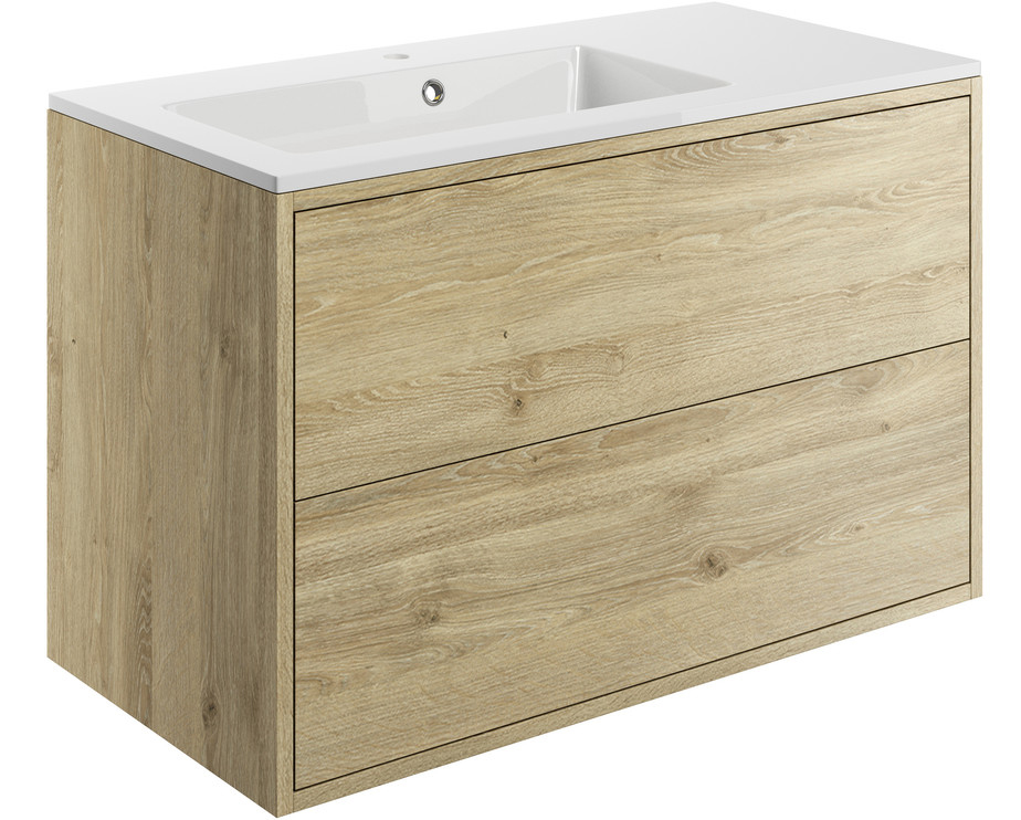 Albia 900mm 2 Drawer Wall Hung Basin Unit Inc. Basin Havana Oak