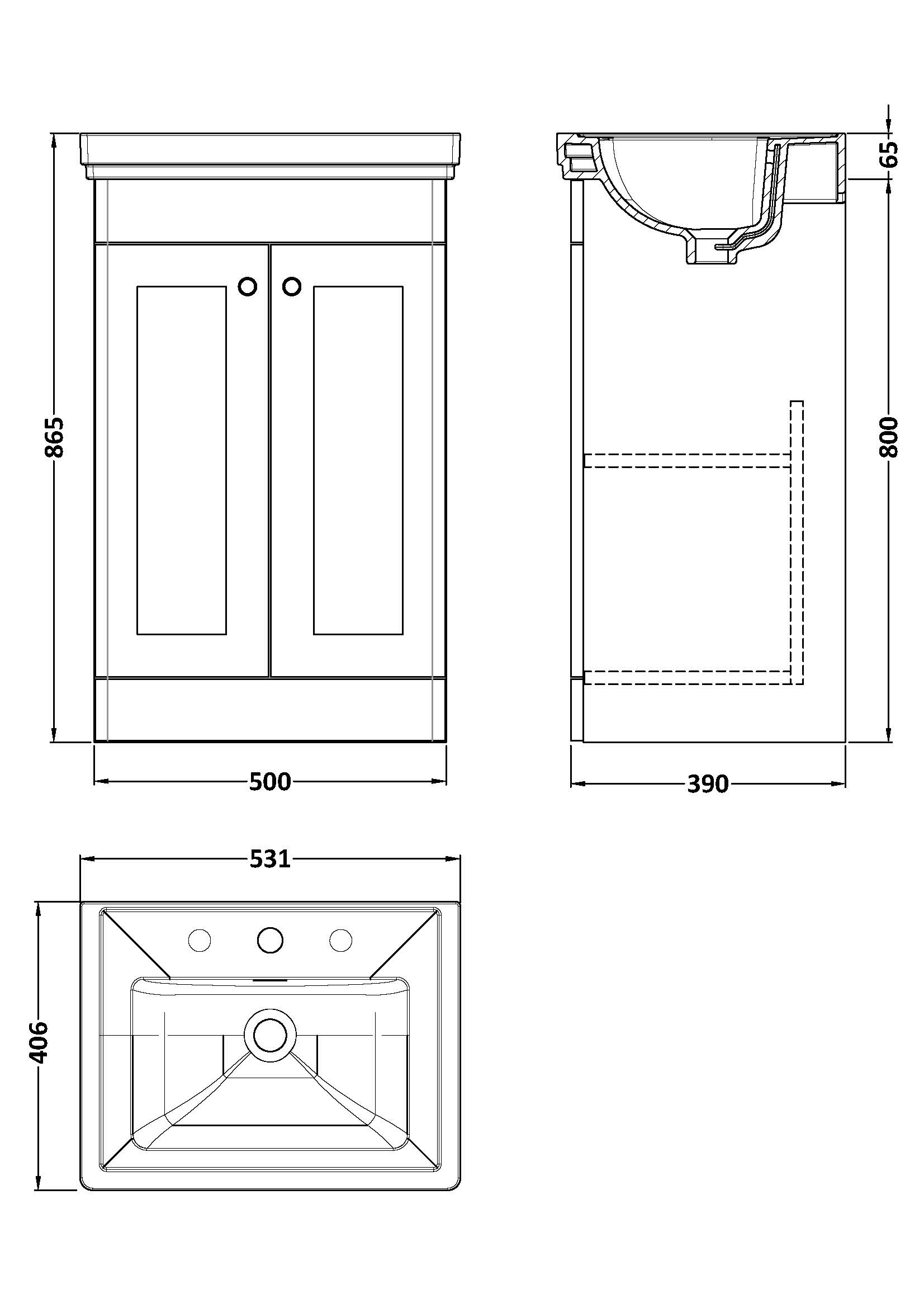 500mm Floor Standing 2-Door Vanity & Basin 3TH #2