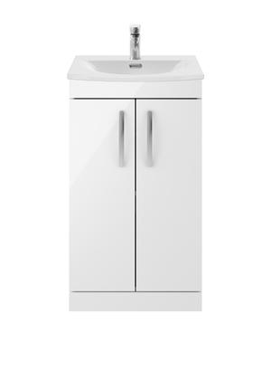Nuie Athena 500mm Gloss White Floor Standing 2 Door Vanity Unit With Round 1 Tap Hole Basin