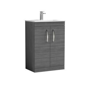 Nuie 600mm Anthracite Woodgrain Floor Standing 2 Door Vanity Unit with 1 Tap Hole Basin