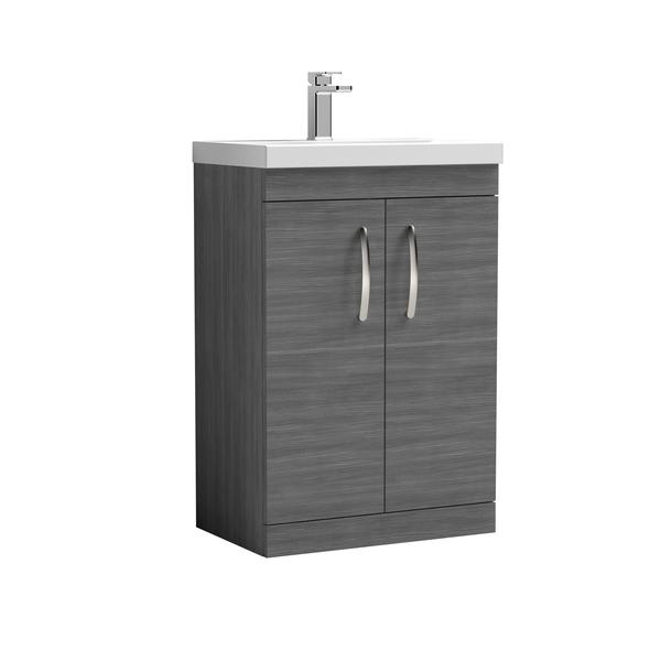 Nuie Athena 600mm Anthracite Woodgrain Floor Standing 2 Door Vanity Unit With 1 Tap Hole Basin