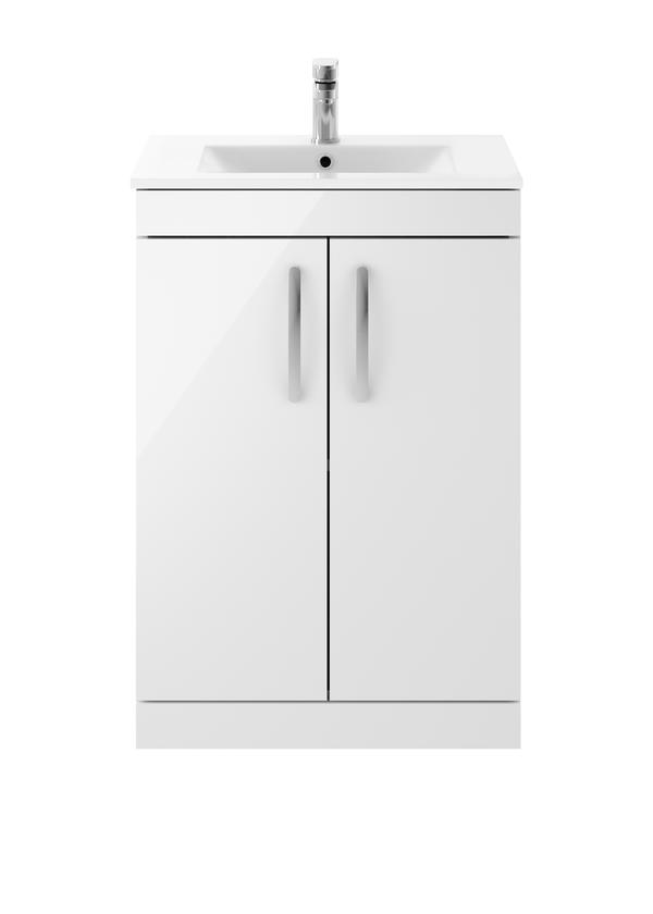 Nuie Athena 600mm Gloss White Floor Standing 2 Door Vanity Unit With 1 Tap Hole Basin