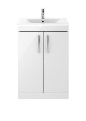 Nuie Athena 600mm Gloss White Floor Standing 2 Door Vanity Unit With 1 Tap Hole Basin
