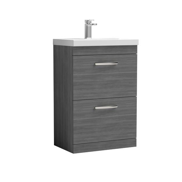 Nuie Athena 600mm Anthracite Woodgrain Floor Standing 2 Drawer Vanity Unit With 1 Tap Hole Basin