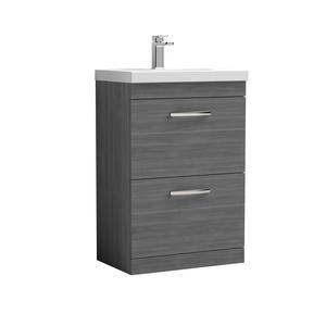 Nuie Athena 600mm Anthracite Woodgrain Floor Standing 2 Drawer Vanity Unit With Basin