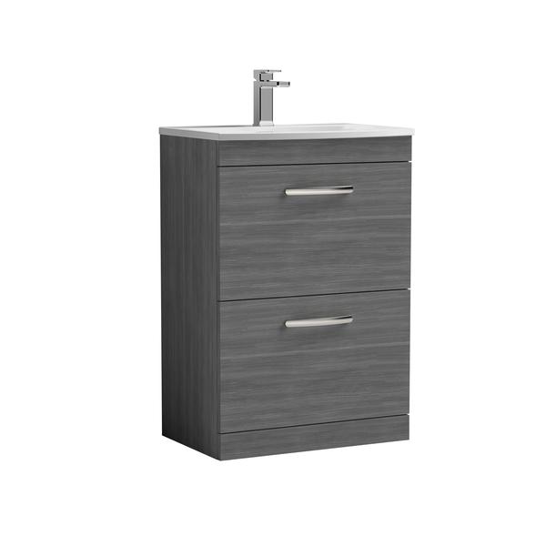 Nuie Athena 600mm Anthracite Woodgrain Floor Standing 2 Drawer Vanity Unit With 1 Tap Hole Basin