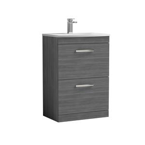 Nuie Athena 600mm Anthracite Woodgrain Floor Standing 2 Drawer Vanity Unit With 1 Tap Hole Basin