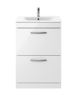Nuie Athena 600mm Gloss White Floor Standing Vanity Unit With 2 Soft Close Drawers and 1 Tap Hole Basin