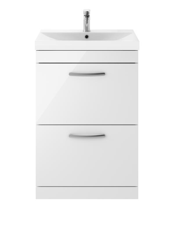 Nuie Athena 600mm Gloss White 2 Drawer Floor Standing Vanity Unit With 1 Tap Hole Basin