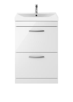 Nuie Athena 600mm Gloss White 2 Drawer Floor Standing Vanity Unit With 1 Tap Hole Basin