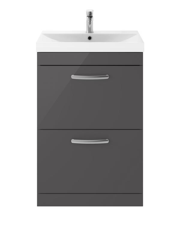 Nuie Athena 600mm Gloss Grey Floor Standing 2 Drawer Vanity Unit With Thin-Edge 1 Tap Hole Basin