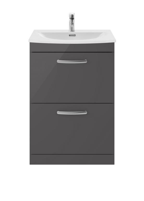 Nuie Athena 600mm Gloss Grey Floor Standing 2 Drawer Vanity Unit with 1 Tap Hole Basin