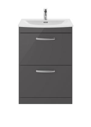 Nuie Athena 600mm Gloss Grey Floor Standing 2 Drawer Vanity Unit with 1 Tap Hole Basin
