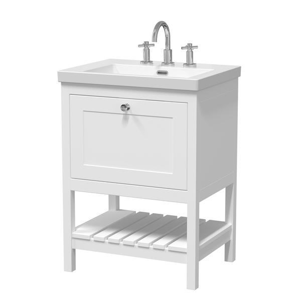 Hudson Reed Bexley 600mm Pure White Floor Standing 1 Drawer Vanity Unit with 3 Tap Hole Basin