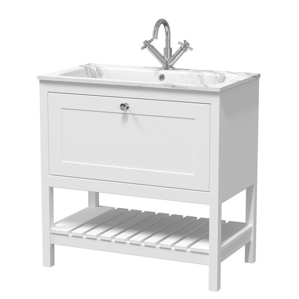 Bexley Floor Standing 1 Drawer Vanity & 1 Tap Hole Stone Basin, 800mm - Pure White