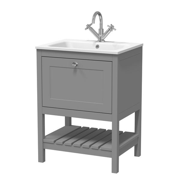 Bexley Floor Standing 1 Drawer Vanity & 1 Tap Hole Stone Basin, 600mm - Cool Grey