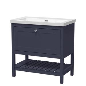 Bexley Floor Standing 1 Drawer Vanity & 0 Tap Hole Contemporary Fireclay Basin, 800mm - Indigo Blue