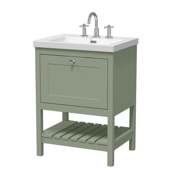Hudson Reed Bexley 600mm Fern Green Floor Standing 1 Drawer Vanity Unit With 3 Tap Hole Basin