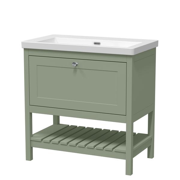 Bexley Floor Standing 1 Drawer Vanity & 0 Tap Hole Contemporary Fireclay Basin, 800mm - Fern Green