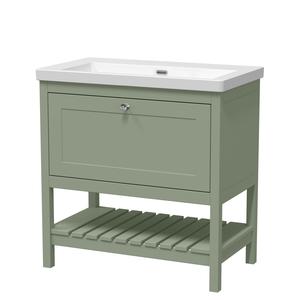 Bexley Floor Standing 1 Drawer Vanity & 0 Tap Hole Contemporary Fireclay Basin, 800mm - Fern Green