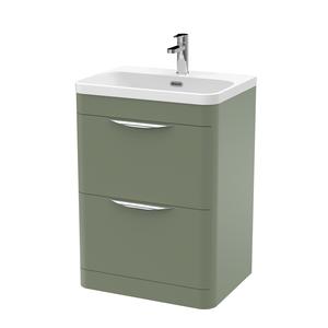Nuie 600mm Satin Green Floor Standing 2 Drawer Vanity Unit With Soft Close Drawers & Ceramic Basin