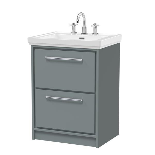 Hudson Reed Lille 600mm Coastal Grey Floor Standing 2-Drawer Vanity Unit with 3 Tap Hole Basin