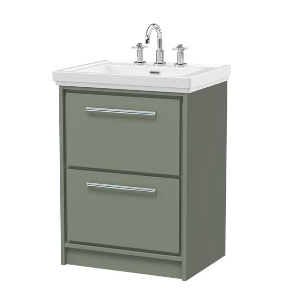 Hudson Reed Lille 630mm Fern Green Floor Standing 2-Drawer Vanity Unit With 3 Tap Hole Basin Fully Assembled