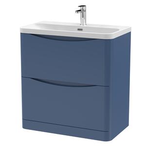 Nuie Lunar 800mm Satin Blue Floor Standing 2 Drawer Vanity Unit With Ceramic Basin