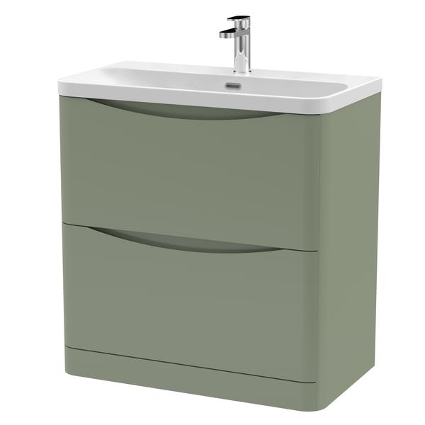 Nuie Lunar 800mm Satin Green Floor Standing 2 Drawer Vanity Unit With Ceramic Basin