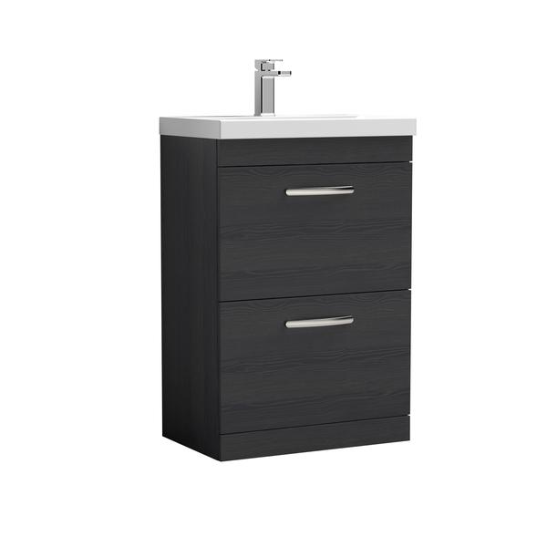 Nuie Athena 600mm Charcoal Black Floor Standing 2 Drawer Vanity Unit with Basin