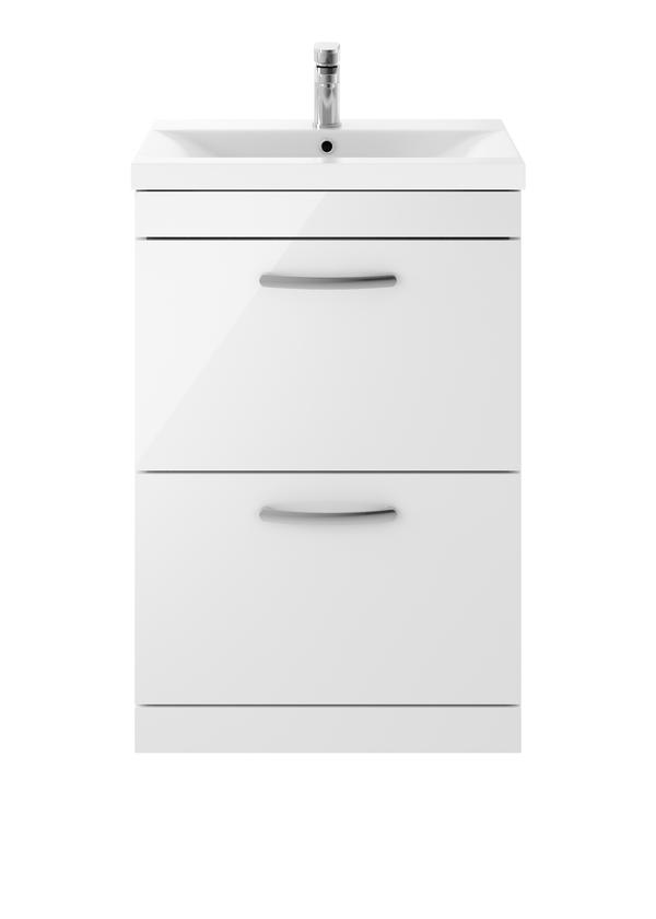 Nuie Athena 600mm Gloss White Floor Standing 2 Drawer Vanity Unit With Basin