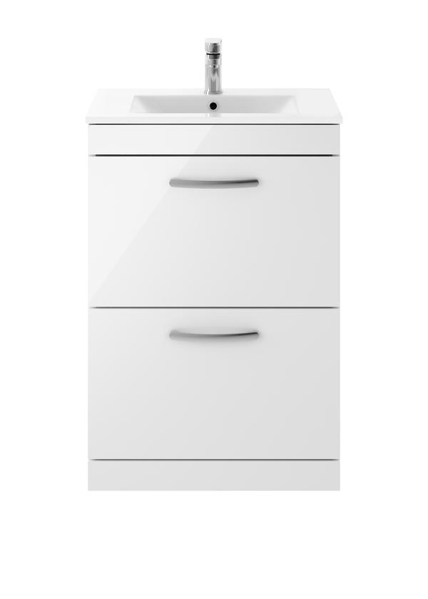 Nuie Athena 600mm Gloss White Floor Standing Vanity Unit With 2 Soft Close Drawers and 1 Tap Hole Basin