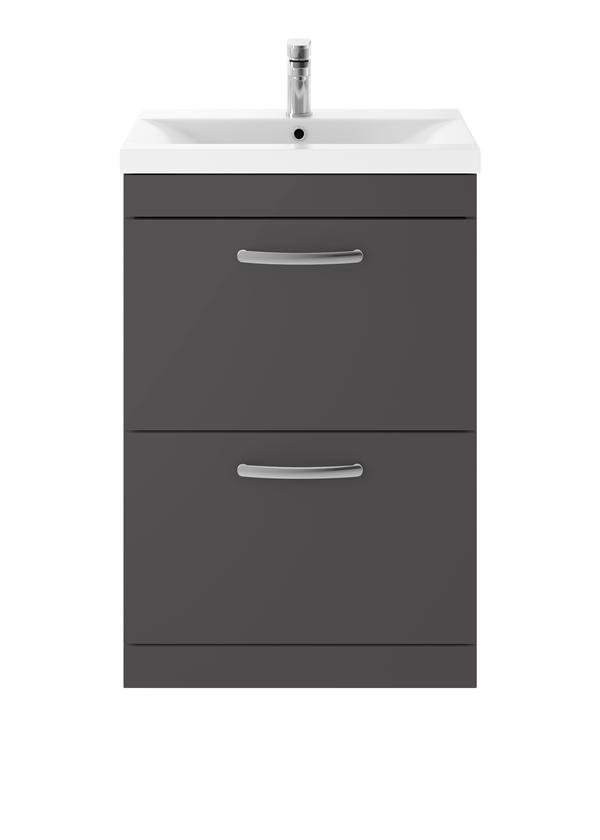 Nuie Athena 600mm Gloss Grey Floor Standing 2 Drawer Vanity Unit With 1 Tap Hole Basin