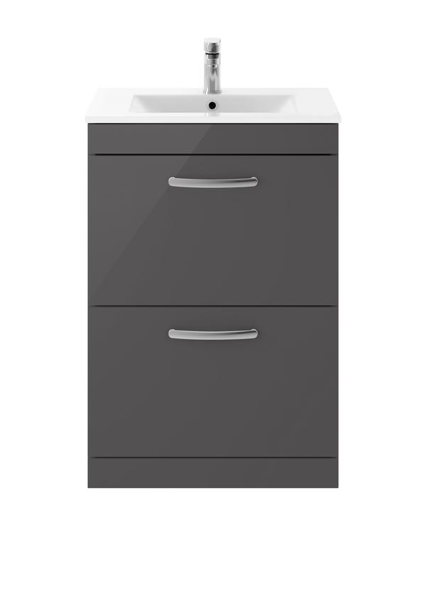 Nuie Athena 600mm Gloss Grey Floor Standing 2 Drawer Vanity Unit With 1 Tap Hole Basin & Soft Close Drawers