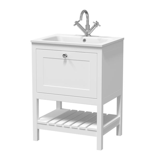 Bexley Floor Standing 1 Drawer Vanity & 1 Tap Hole Stone Basin, 600mm - Pure White