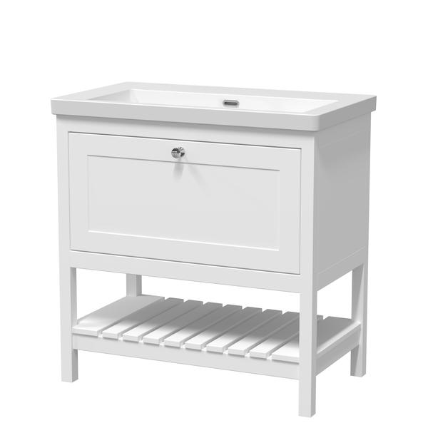 Bexley Floor Standing 1 Drawer Vanity & 0 Tap Hole Contemporary Fireclay Basin, 800mm - Pure White