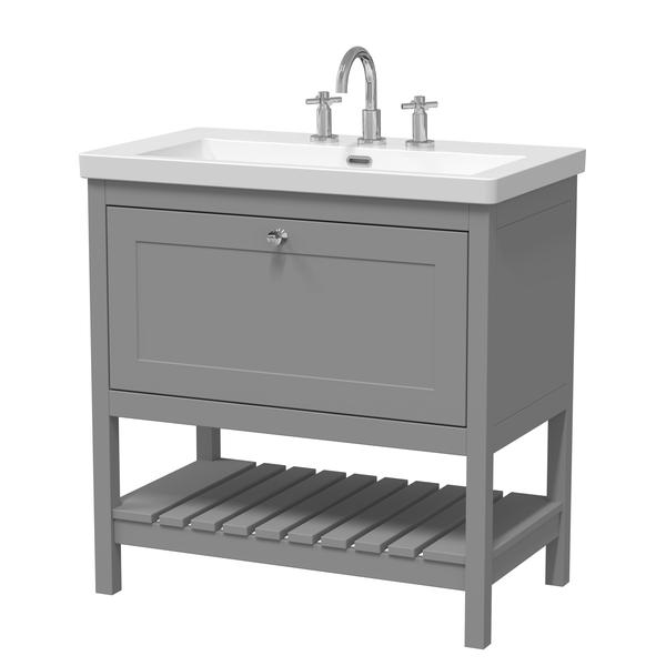 Hudson Reed Bexley 800mm Cool Grey Floor Standing Vanity Unit With 3 Tap Hole Fireclay Basin