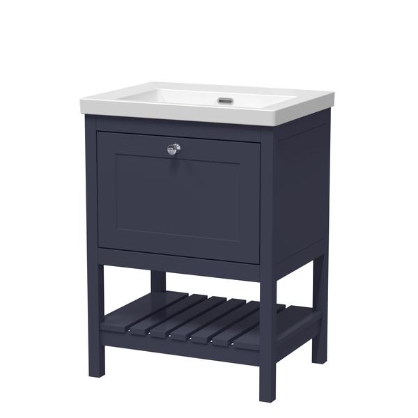 Bexley Floor Standing 1 Drawer Vanity & 0 Tap Hole Contemporary Fireclay Basin, 600mm - Indigo Blue