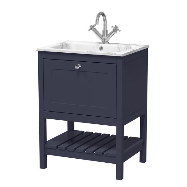 Bexley Floor Standing 1 Drawer Vanity & 1 Tap Hole Stone Basin, 600mm - Indigo Blue