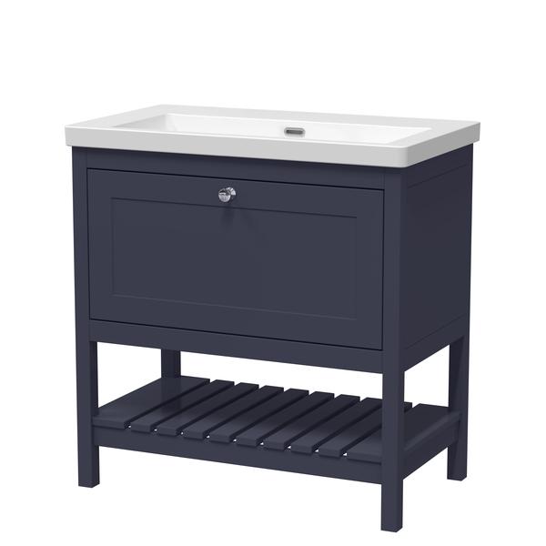 Bexley Floor Standing 1 Drawer Vanity & 0 Tap Hole Contemporary Fireclay Basin, 800mm - Indigo Blue
