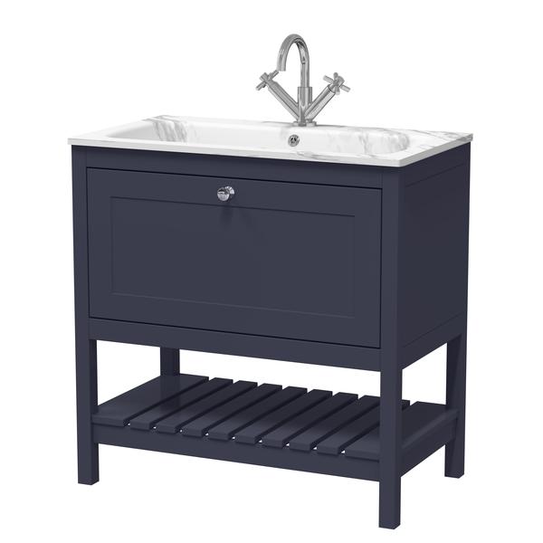 Bexley Floor Standing 1 Drawer Vanity & 1 Tap Hole Stone Basin, 800mm - Indigo Blue
