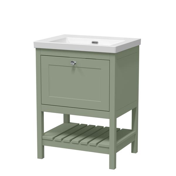 Bexley Floor Standing 1 Drawer Vanity & 0 Tap Hole Contemporary Fireclay Basin, 600mm - Fern Green
