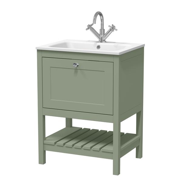 Bexley Floor Standing 1 Drawer Vanity & 1 Tap Hole Stone Basin, 600mm - Fern Green