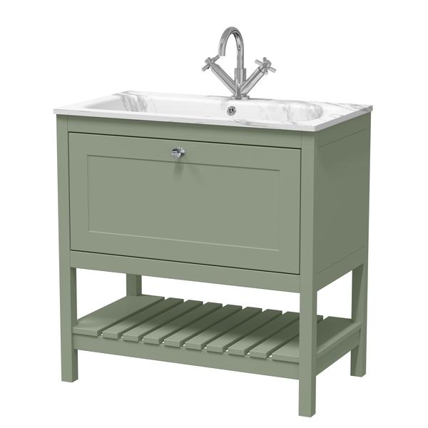 Bexley Floor Standing 1 Drawer Vanity & 1 Tap Hole Stone Basin, 800mm - Fern Green