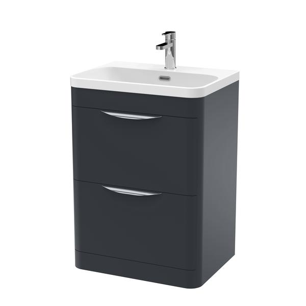 Nuie Parade 600mm Soft Black Floor Standing 2 Drawer Vanity Unit with 1 Tap Hole Ceramic Basin