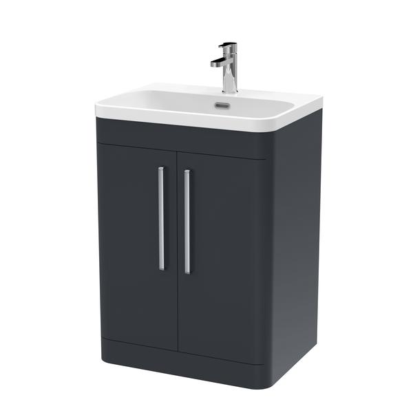 Nuie Parade 600mm Soft Black Floor Standing 2 Door Vanity Unit with Thin Edge Ceramic Basin
